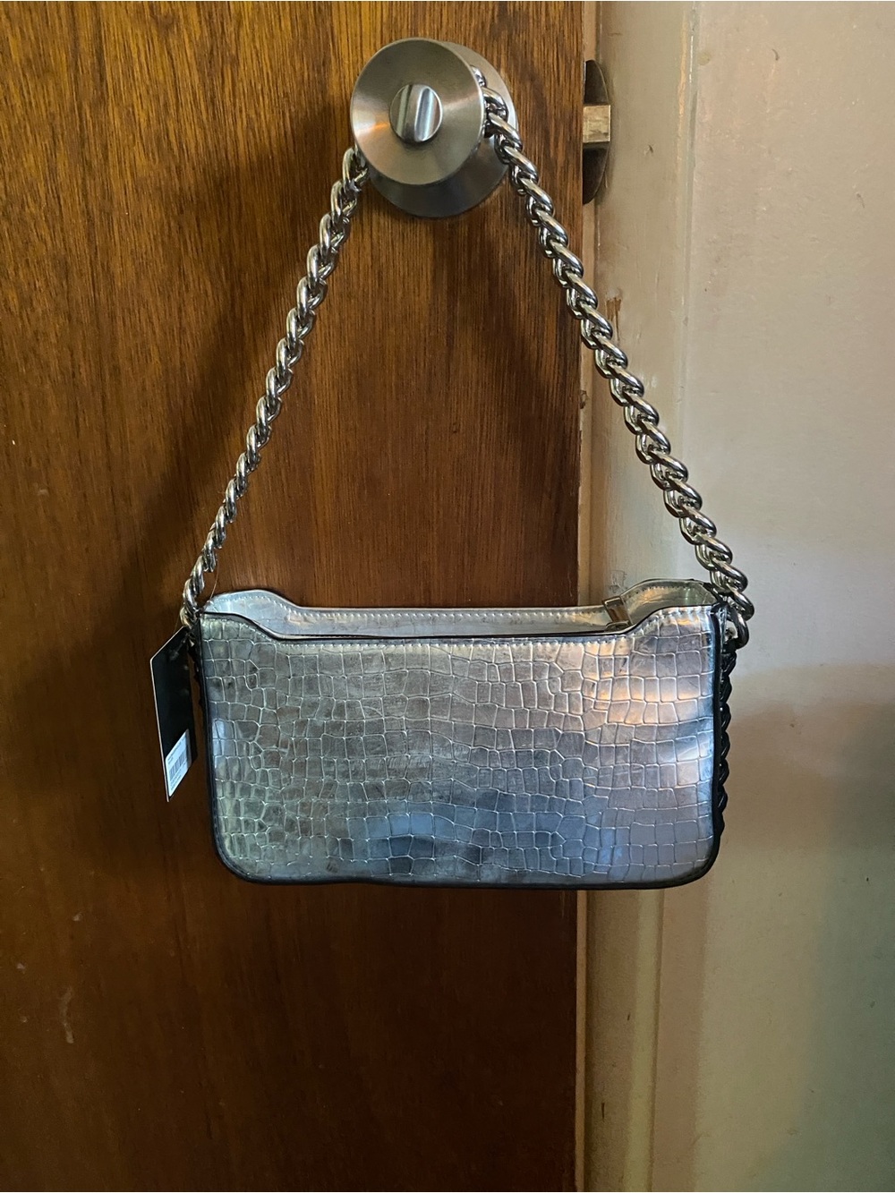 Silver colored purse with silver metal chain… adorable stylish